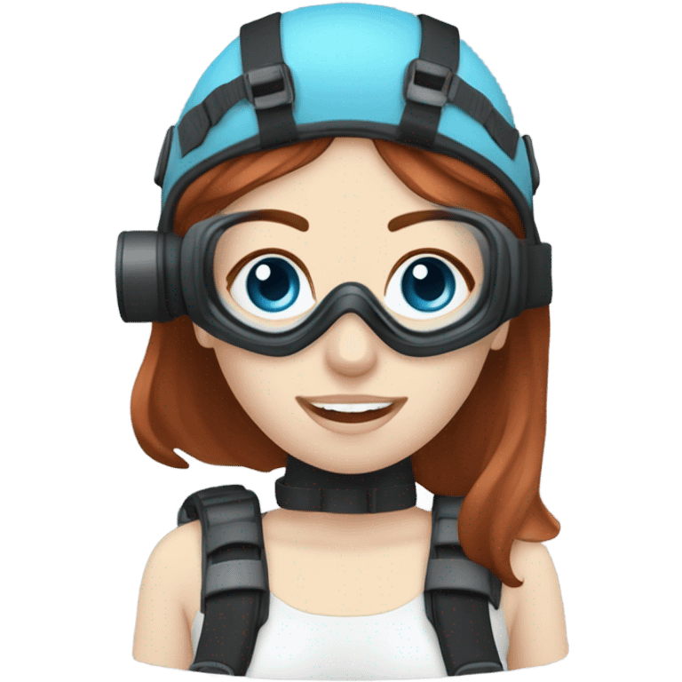 A young woman with red/ brown hair, blue eyes and pale skin with a scuba diving regulator in her mouth and a light blue scuba diving mask on  emoji