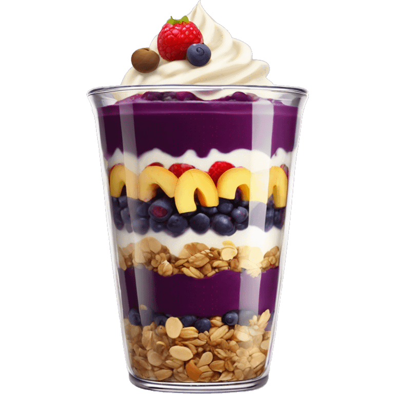 Açaí in a clear cup with layers of fruits and granola and condensed milk emoji