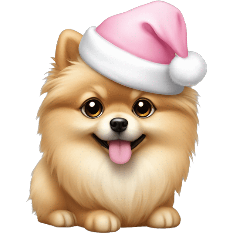 Beige Pomeranian puppy with light pink santa hat emoji