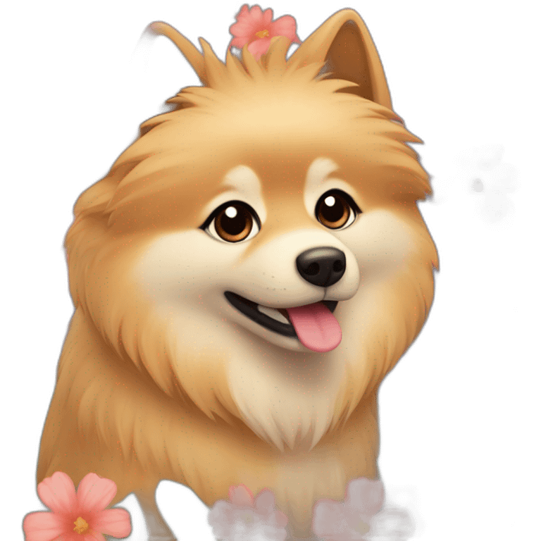 light brown cute spitz took flowers emoji