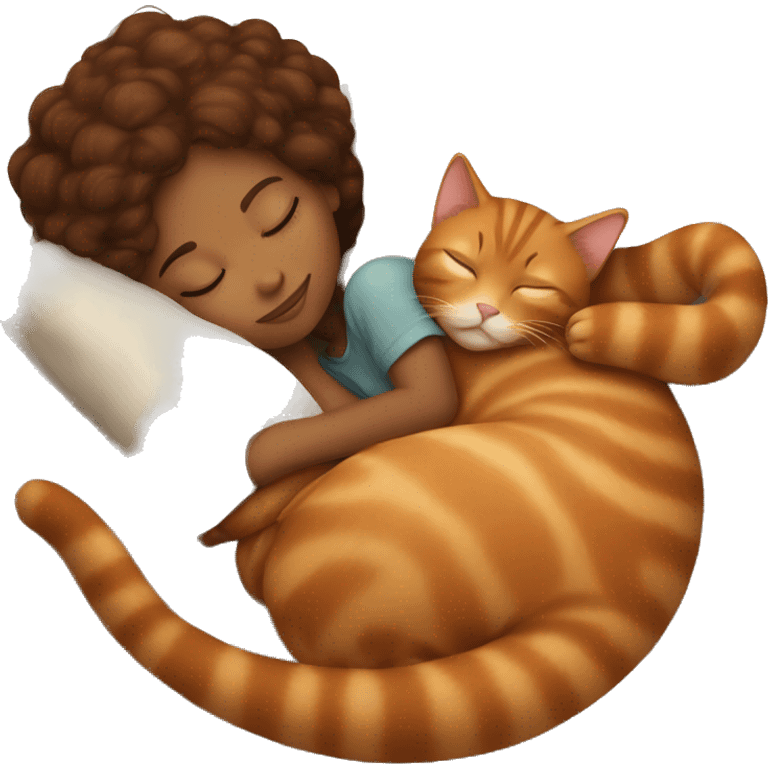 brown girl sleeping with ginger cat emoji