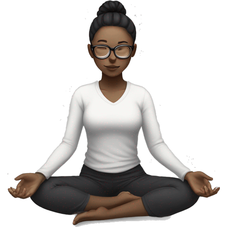 White skinned girl with glasses and a ponytail with black hair, meditating on the floor emoji