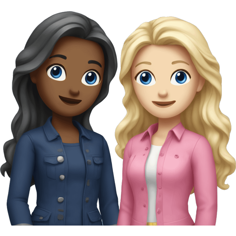 two girls best friends stand for a photo, one brunette with long hair, blue eyes in pink clothes, the second blonde with gray eyes long hair in navy blue clothes emoji