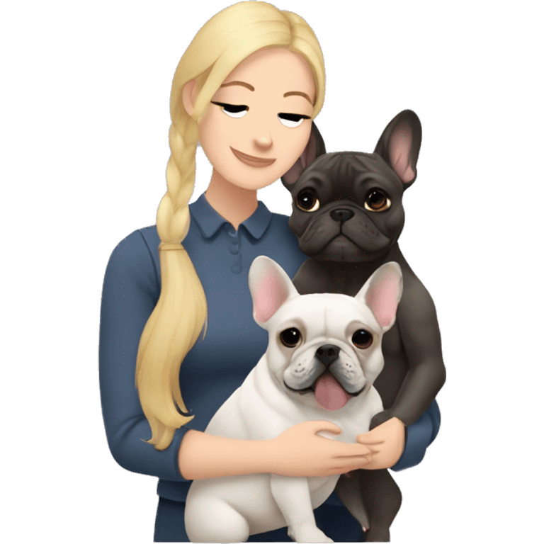  blonde woman hugging a brindle French bulldog and a dark gray french bulldog emoji