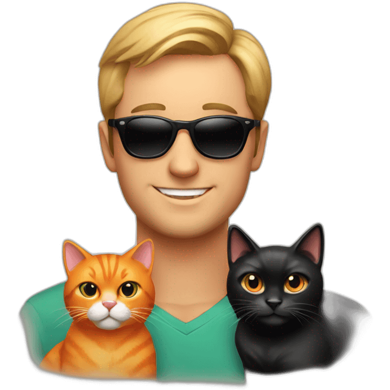 polish man in sunglasses holding one orange cat and one black cat emoji