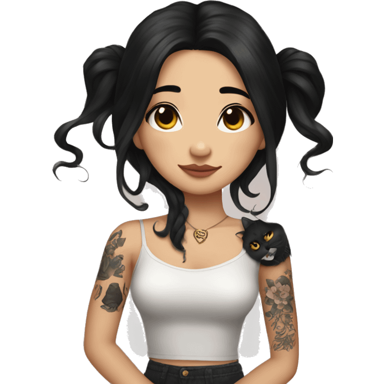 beautiful girl, with arm tattoos, with long black hair, wavy hair, chinese, with black cat emoji