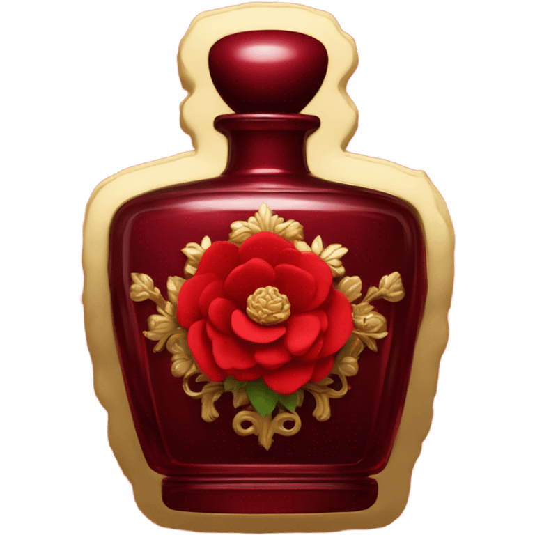 Dark red ornate perfume bottle with red camellias and golden accents emoji