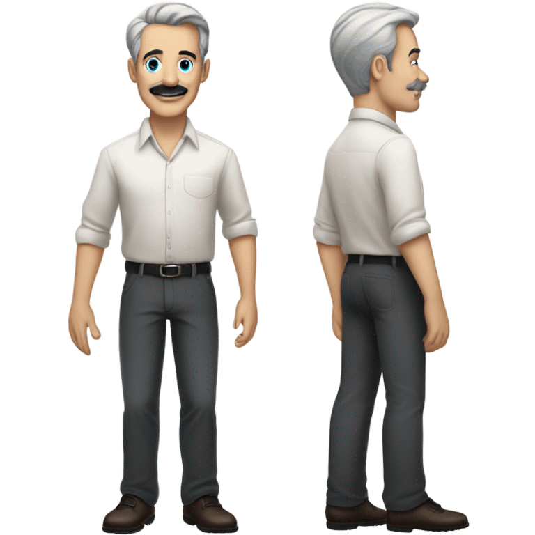 a white man standing  with blue eyes a thick dark brown and grey moustache, down turned black eyebrows and then dark grey hair he’s wearing an expensive watch and a white shirt and black dressy pants with beige loafers he’s looking at her smiling”  emoji