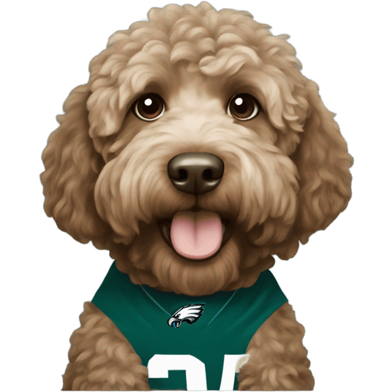 brownish Labradoodle wearing a Philadelphia eagles shirt emoji