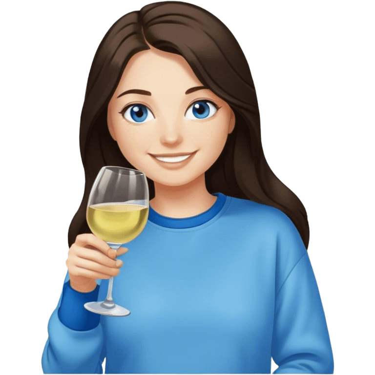 Dark brown long hair fair woman blue eyes drinking white wine in sweatshirt smiling emoji