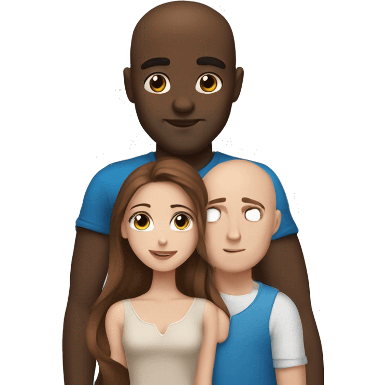 Beautiful Girl with blue eyes and long brown hair and boy with brown hair cuddling, Bald black man  emoji