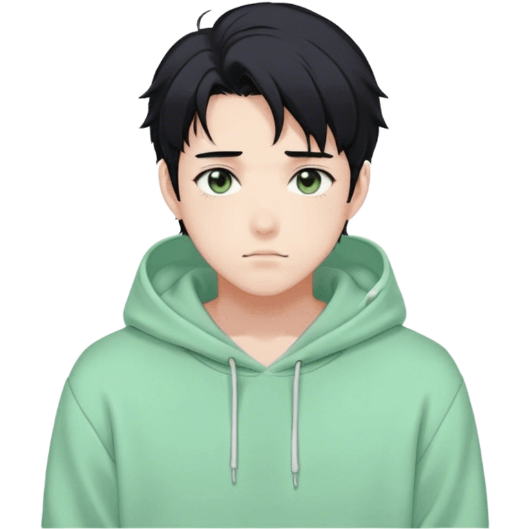 Gorgeous pastel green sweater black hair anime style shojo guy with blushing face and, hoodie, aesthetic, young adult, trending style, outside, vedal987 emoji