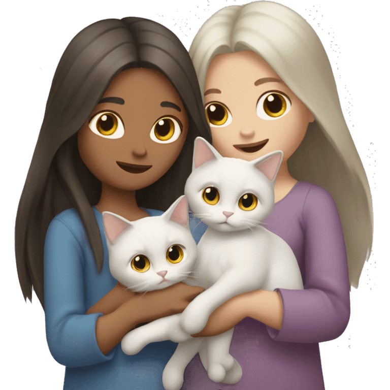 Two long hair girls with white skin and two cats in their hands emoji