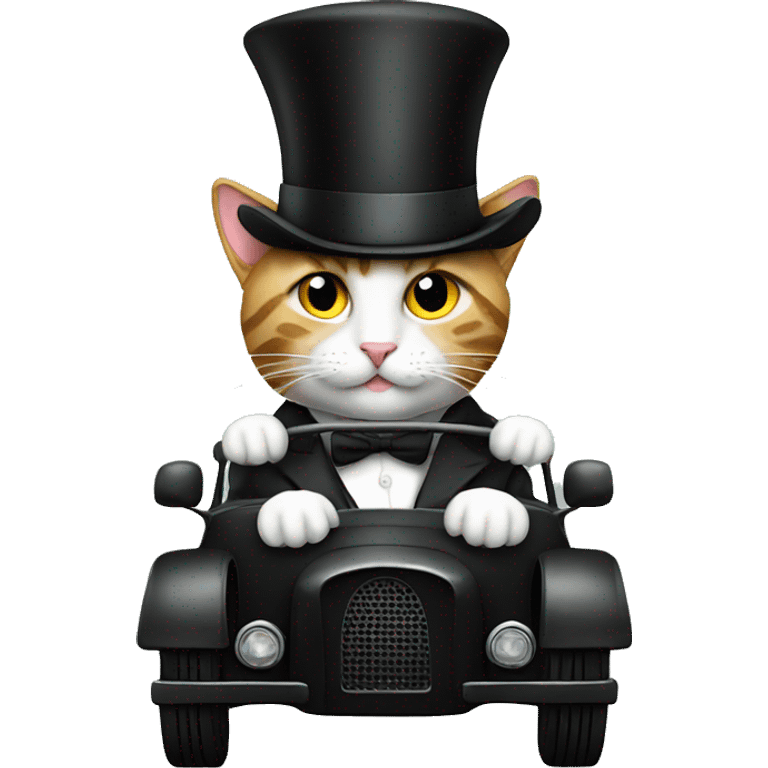 Cat driving a car with a top hat hoodie emoji