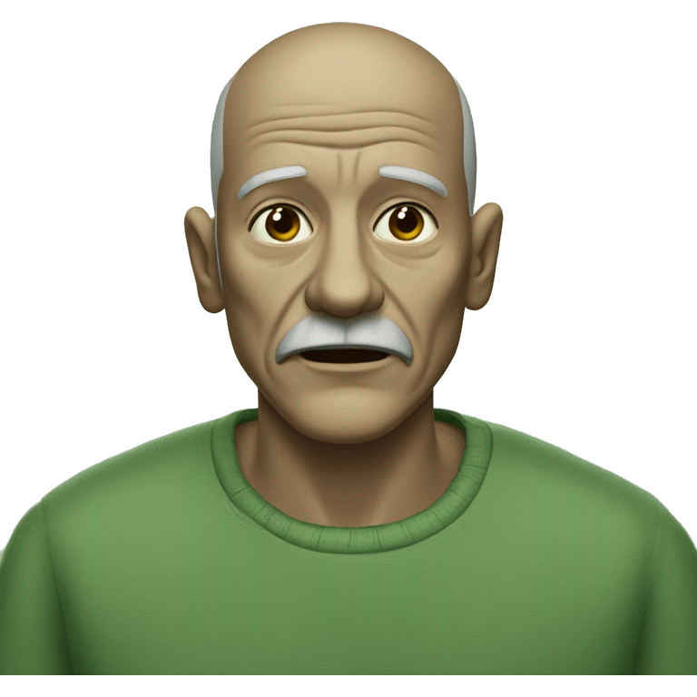 A frail man with a large triangular nose and two buckteeth with a buzzcut and a dirty green shirt emoji