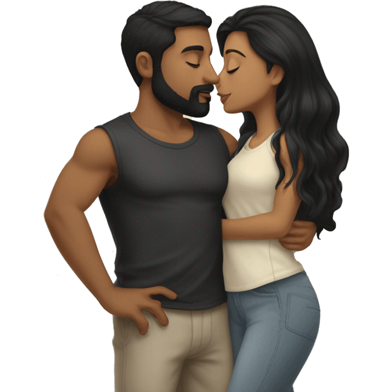 Medium skinned toned short bearded man with black hair kissing medium skin toned girl with black long hair wearing pajamas emoji