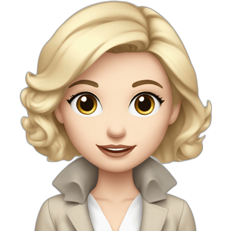 pale skin woman interior designer with cold blonde middle length hair, blue eyes, beige blouse, White oversize jacket, Gray skirt holding a color palette in the hands emoji