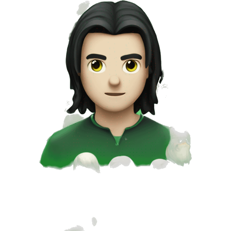 teenage white-skinned wizard with black hair andgreen eyes in green disgue emoji