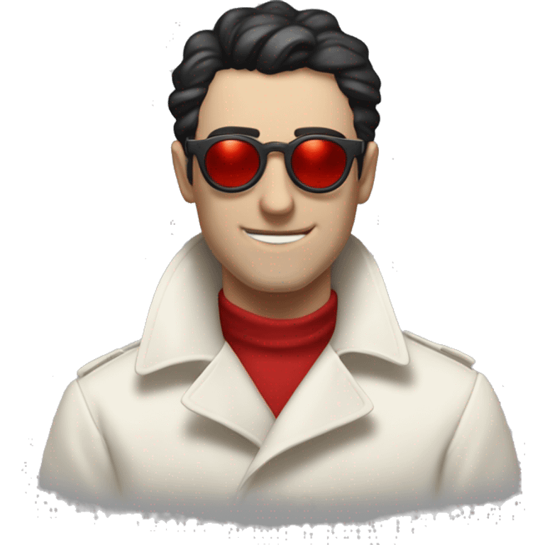 <excerpt>
A white man with real short Black hair, short mutton shops donning small red tinted sun glasses in a dirty white trench coat, is an alchemist.
</excerpt> emoji