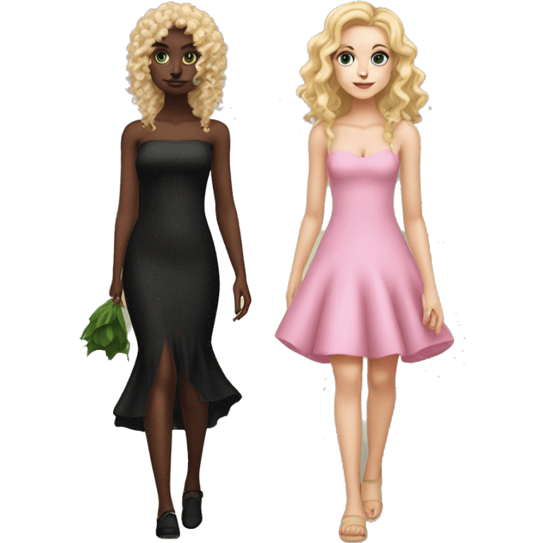 White girl with curly blonde hair (half up half down) in short free pink dress walking with green skin girl with dark fishtail styled hair and long black dress accompanied with black witches hat   emoji