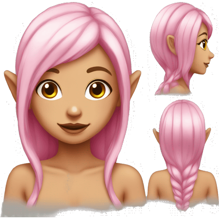 tan skinned elf girl with pink hair and white eyeshadow emoji