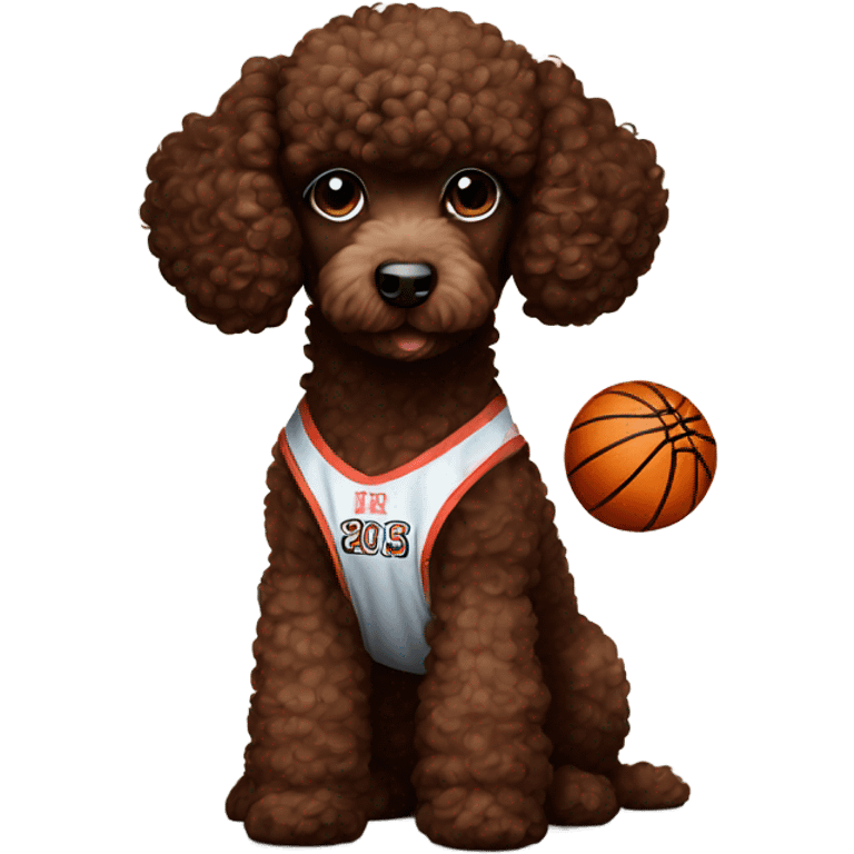 Chocolate brown poodle puppy wearing a basketball jersey emoji