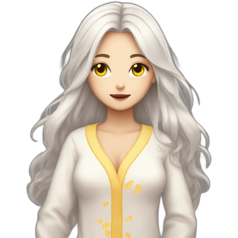 Catgirl with long white hair yellow eyes in Choral pajamas consider emoji