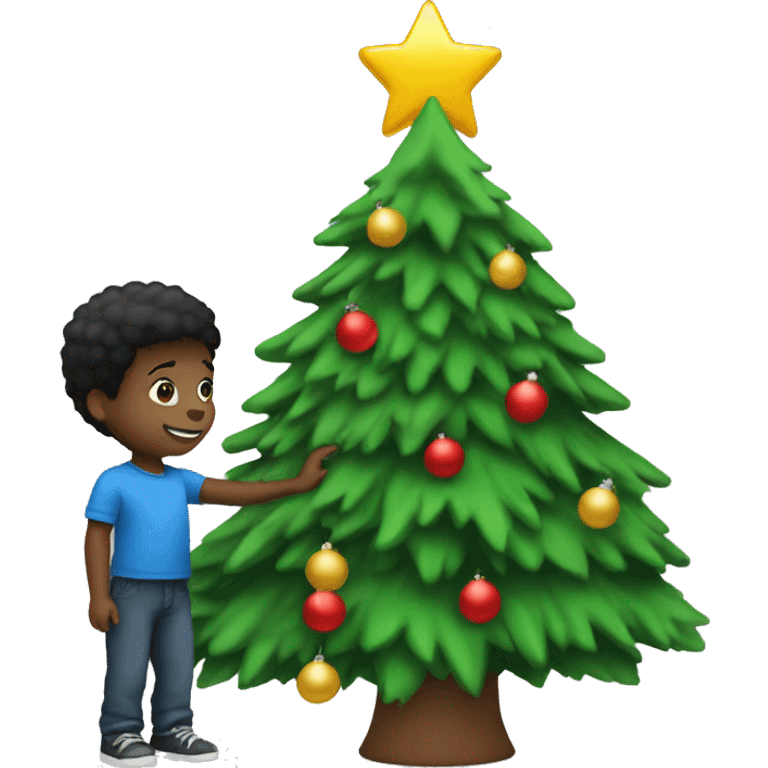 Little black boy putting up Christmas tree emoji