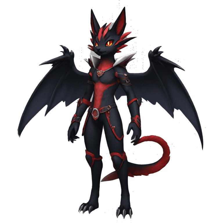 cool anthro edgy black red ethereal fantasy nargacuga-noivern-cat-Fakemon collar harness full body emoji