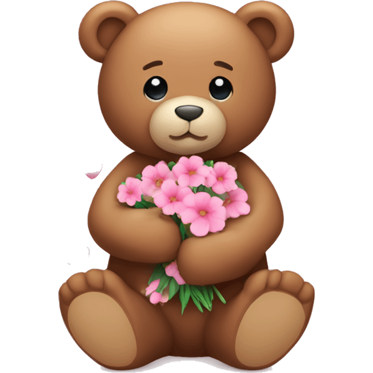 Sitting Teddy bear with Flowers in the hand and pink hearts around him emoji