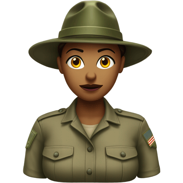 a female drill sergeant character wearing a classic sergeant hat and a camouflage army shirt. The character should have an angry intense expression. full torso emoji