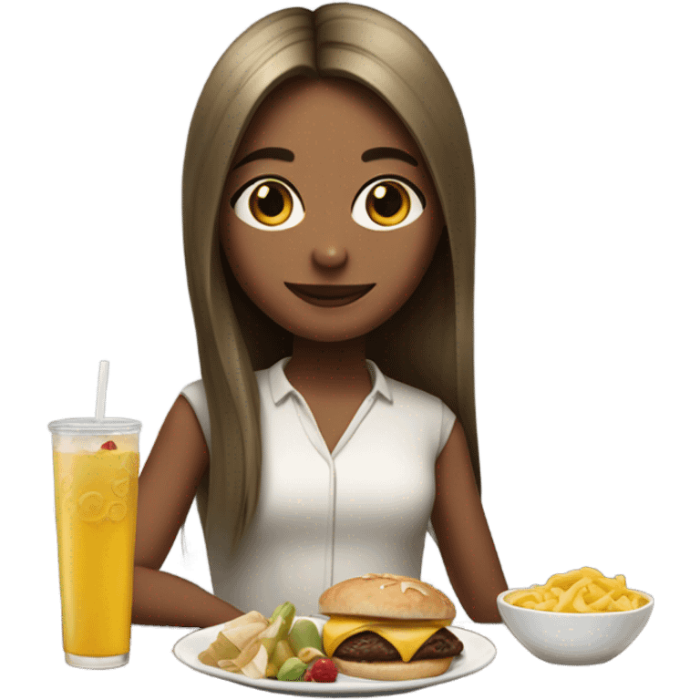 a girl who has a  medium skin looks stylish with long straight hair enjoys drinking and eating emoji