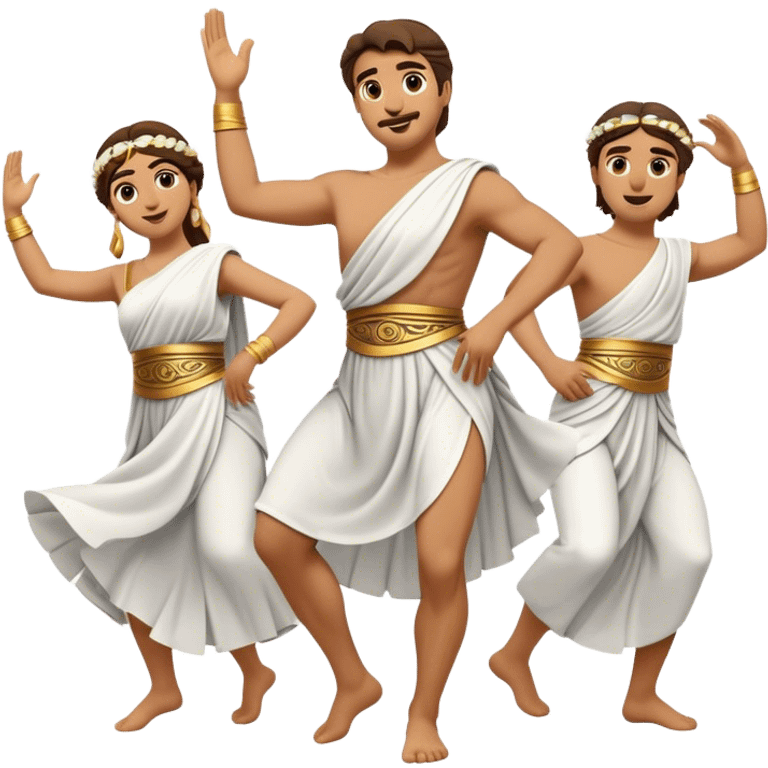 Cinematic Realistic Sirtaki Dance Emoji, depicted as a vibrant traditional Greek dance scene with flowing movements and expressive costumes, rendered with dynamic textures and warm festive lighting that captures its cultural exuberance. emoji