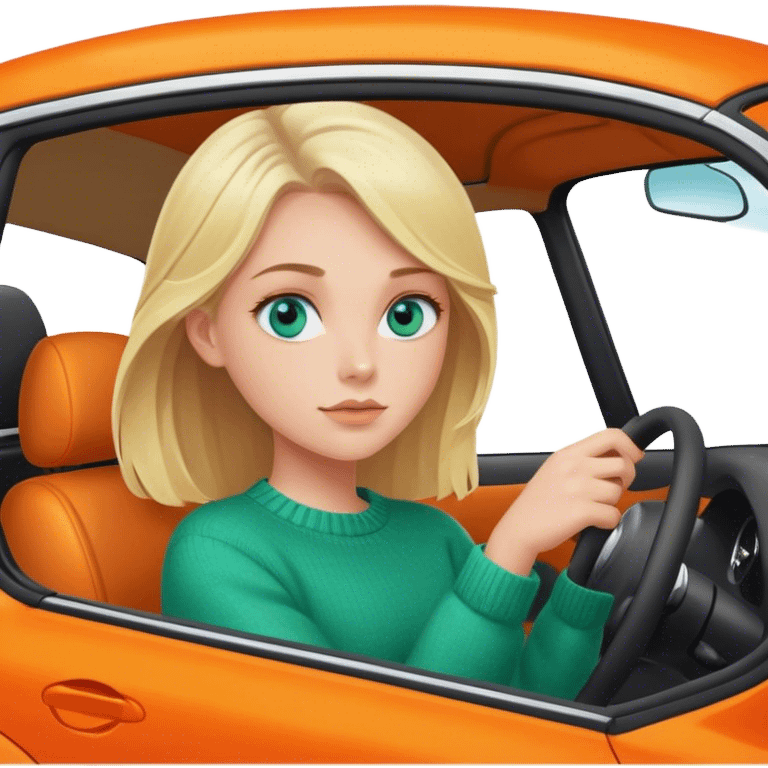 Cinematic realistic blonde with blue eyes, dressed in a green sweater, driving an orange car emoji