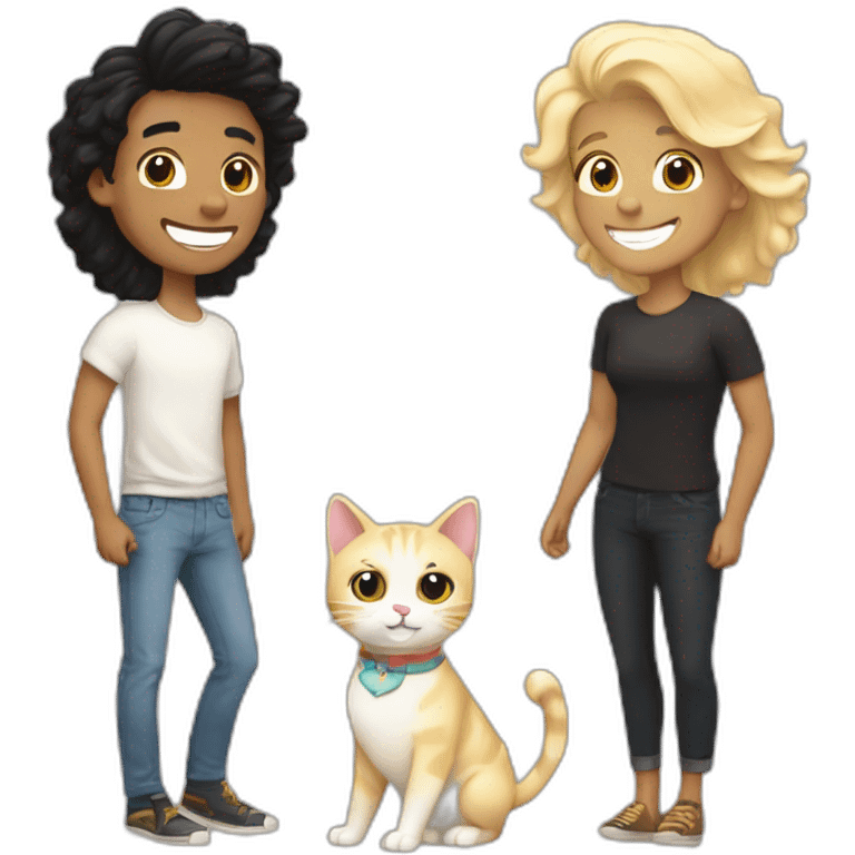 Gay couple, 1 Latino black hair, the other one Australian blonde hair with a cat in the middle laughing full body emoji