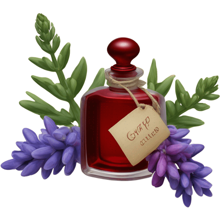 Dark red dreamy perfume bottle with red lupines and an old-fashioned letter seal emoji