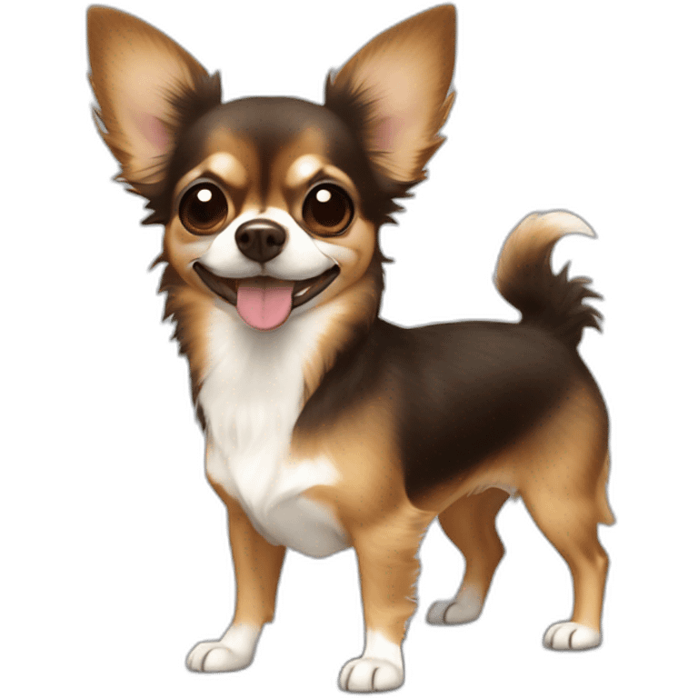 Long hair Chihuahua with brown face and dark ridge on nose, large smile with tongue sticking out emoji