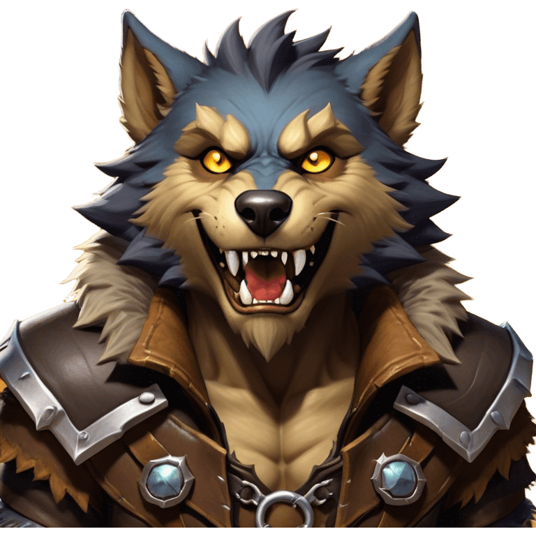 Cinematic Realistic WoW Worgen Portrait, head tilted dramatically with an exaggeratedly amused expression, blending ferocious beastliness with a touch of unexpected humor. His rugged fur, tanned skin, and worn leather garments are rendered with meticulous detail and dynamic lighting, high shine, dramatic yet whimsical, capturing the essence of a worgen whose epic might is tempered by a playful, irreverent charm. emoji