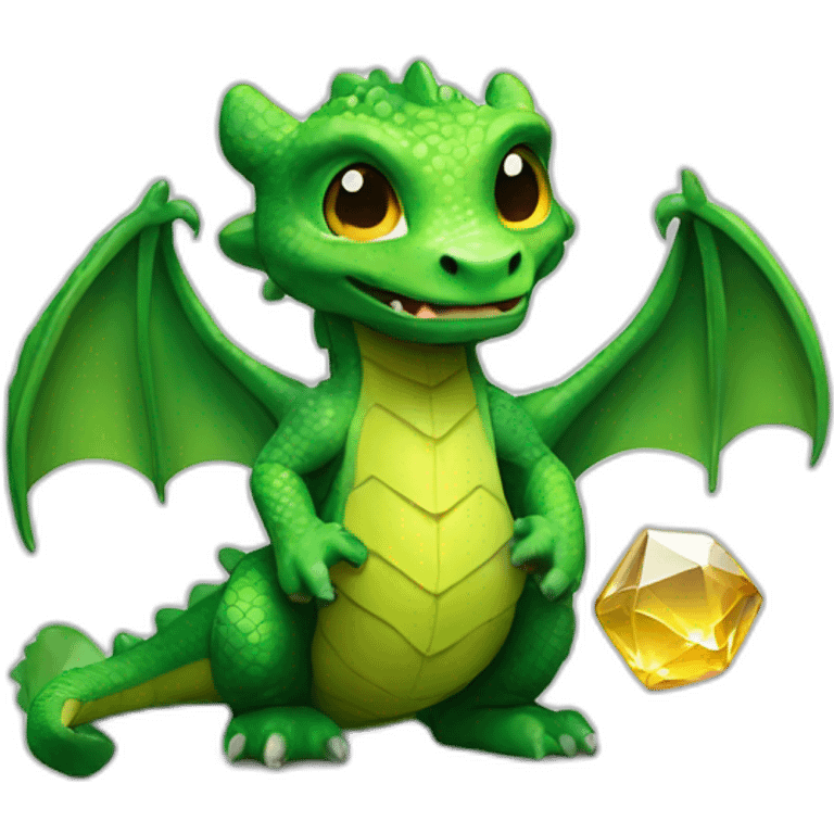 A green little dragon looks at me and holds a crystal shak in his hands emoji