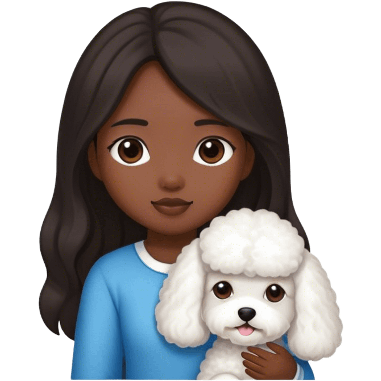 Asian girl with dark skin and long hair and a bichon emoji