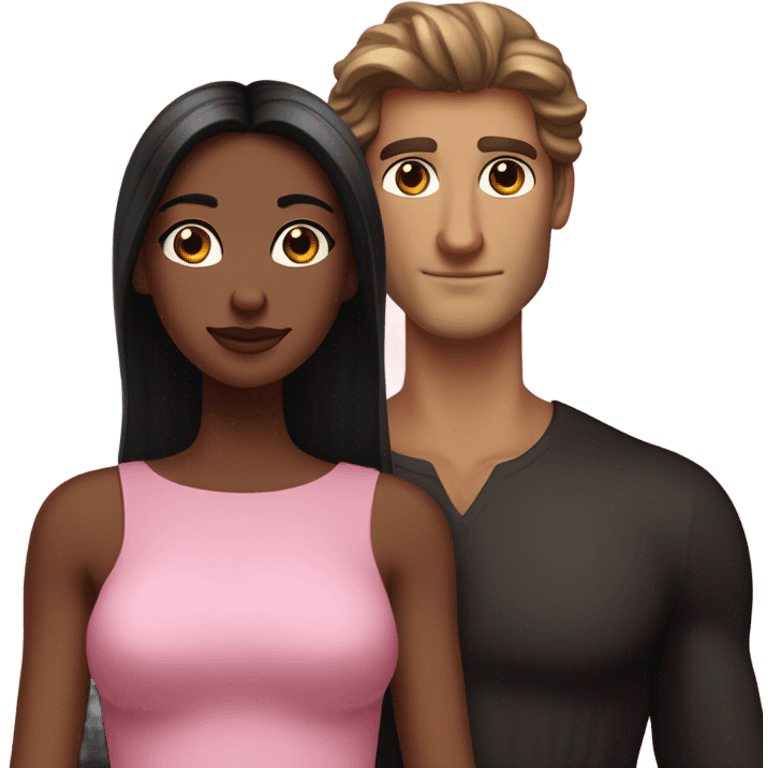 A handsome pale Greek god man who has long brown hair and tanned skin with a pretty black skinny tall model woman who has long black hair and she is wearing a pink dress and they are a couple emoji