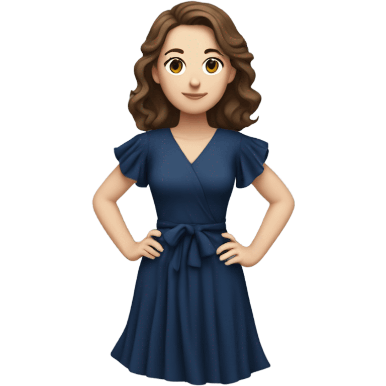 White girl with brown hair dark blue ruffle sleeve wrap dress full body hands on hips emoji