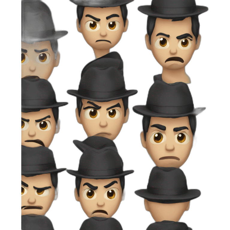 man with black hair and black hat who looks angry emoji