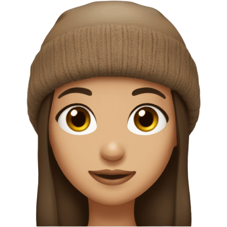 Brunette girl with bangs, big eyelashes, hazel eyes, wearing a brown beanie emoji