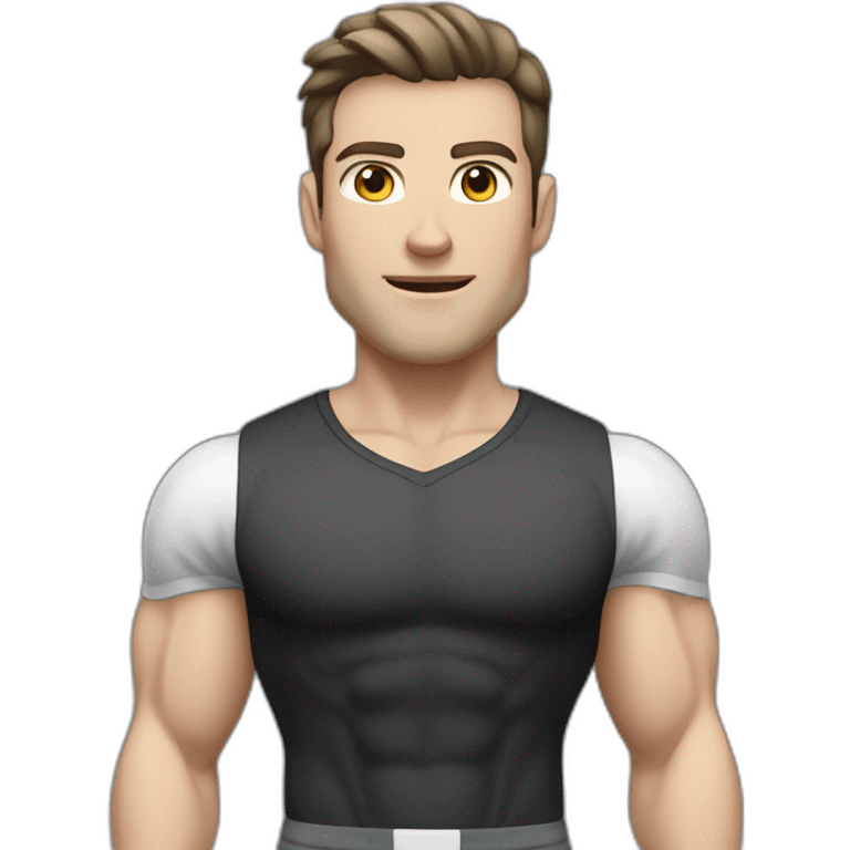 amazed Pale skinned Fit Man With the biceps and dark brown hair in black shirt, gray sports shorts and white Sneakers emoji