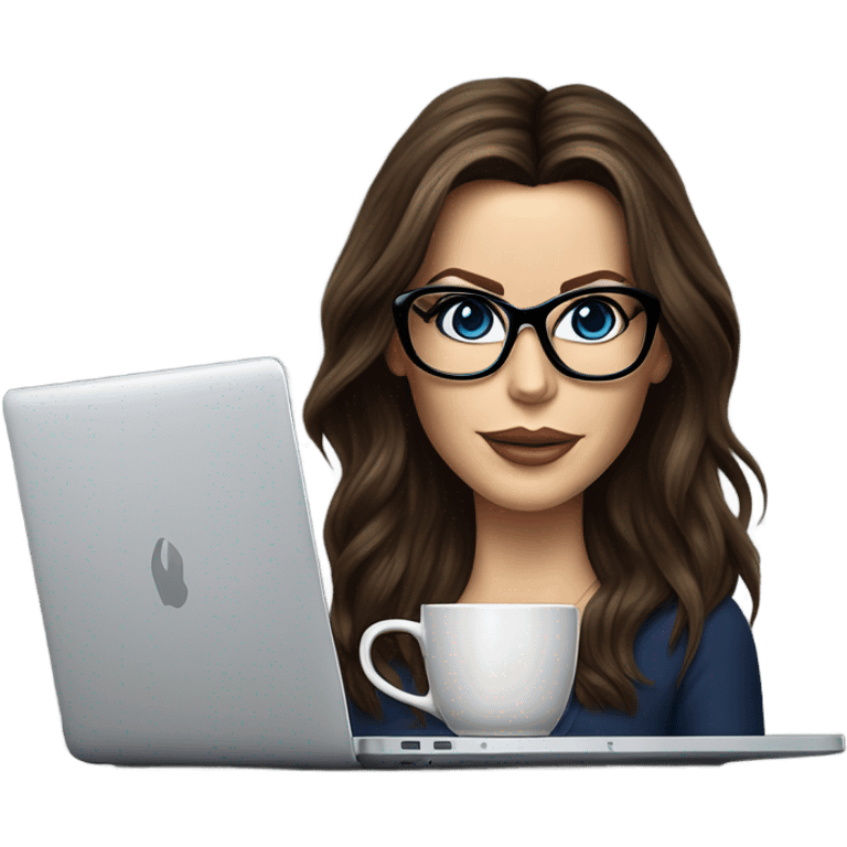 Hyper Realistic Kate Beckinsale dark blue eyes wearing glasses drinking coffee at a laptop  emoji