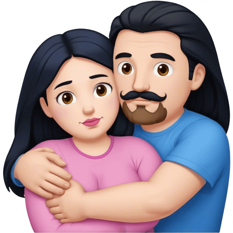 Tall strong white man with brown mustache goatee wearing blue hugging a chubby short pale woman with long black hair wearing pink emoji