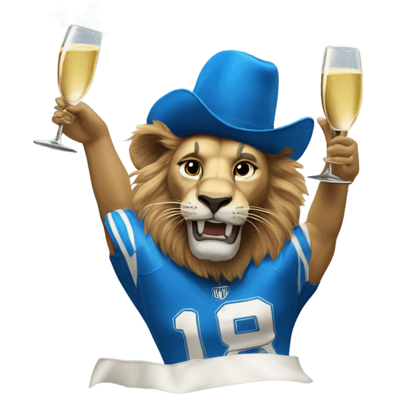 Lion head wearing blue football jersey popping champagne  emoji