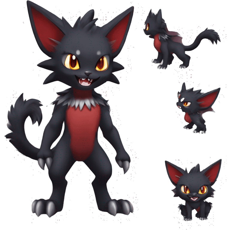   cool cute fantasy anime dark animal vampiric Litten-Zoroark-Nargacuga-cat-hybrid Fakemon with big fangs and bat-ears full body emoji