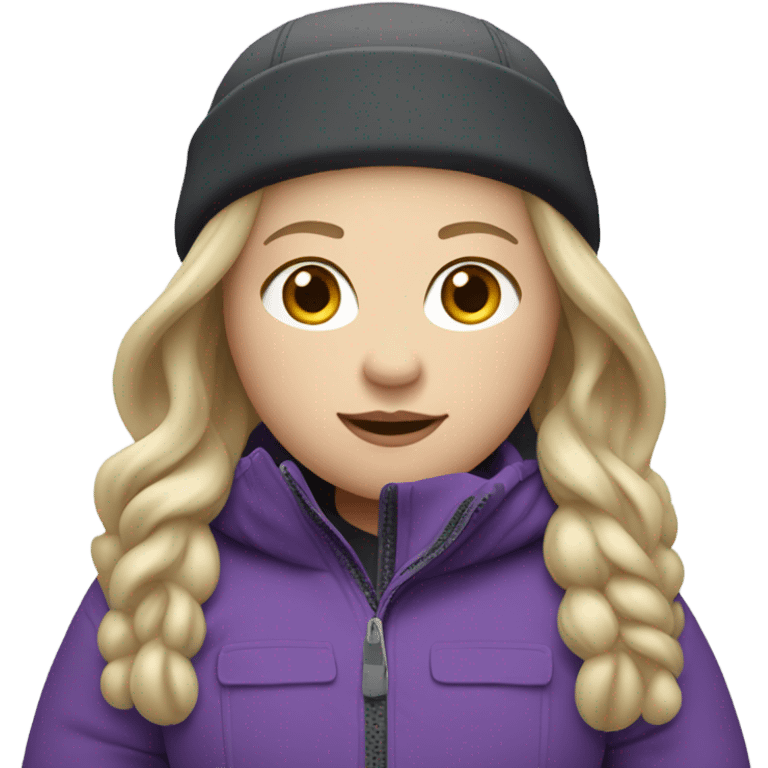 Chubby female long blonde hair skier with purpley-grey jacket and black pants showing whole body. emoji